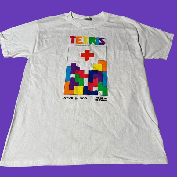 TETRIS 40th Anniversary Red Cross Blood Donor T-Shirt Size Medium Hanes Cotton - Picture 1 of 7